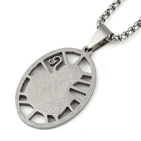 201 Stainless Steel Hollow Catholic Saint Benedict Oval Pendant Box Chain Necklaces NJEW-D089-05P-1