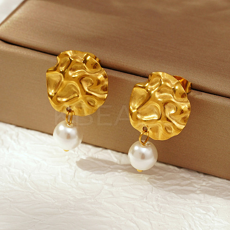 Fashionable 304 Stainless Steel Flat Round Stud Earrings with Round Plastic Imitation Pearls Pendant for Women NQ1639-1