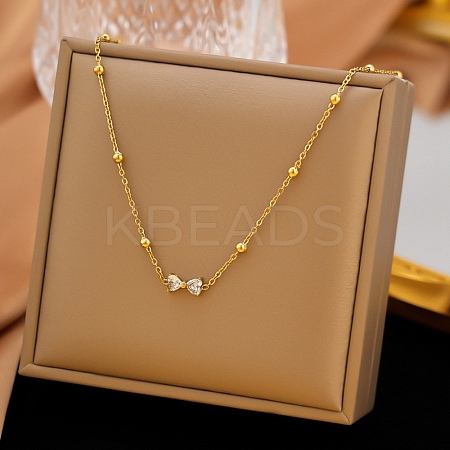 304 Stainless Steel Pave Clear Cubic Zirconia Bowknot Pendant Necklaces for Women LS-NJEW-G179-08G-1