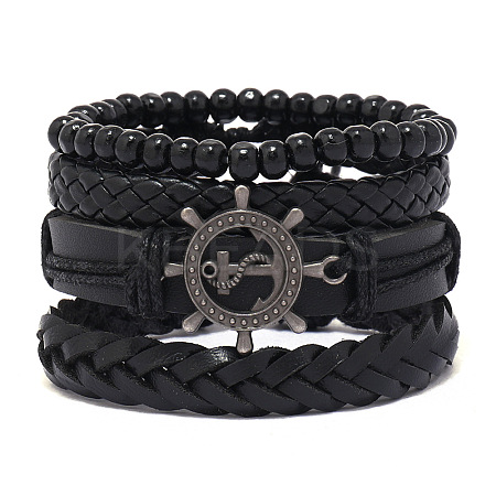 4Pcs 4 Styles Wood Beads Stretch Braceletas & Alloy Artificial Leather Cord Bracelet Sets for Men FS-WG9743B-08-1