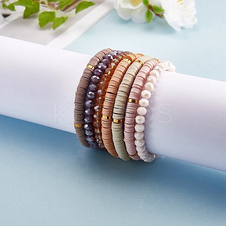 7Pcs 7 Style Handmade Polymer Clay Heishi Surfer Stretch Bracelets Set BJEW-SW00073-04-1