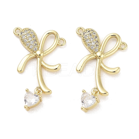 Rack Plating Brass Pave Clear Cubic Zirconia Bowknot Connector Charms KK-Z064-35G-01-1