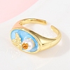 Brass Sky Blue Enamel Flower Cuff Rings RJEW-C139-17B-G-3