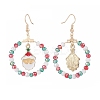 Glass Beaded Big Ring with Christmas Santa Claus Alloy Dangle Earrings EJEW-TA00079-3