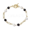 Shell Pearl Beads & Black Stone Link Bracelets BJEW-JB11270-2