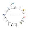 Handmade Evil Eye Lampwork & 304 Stainless Steel Cross Tassel Bar Link Chain Anklets for Women AJEW-AN00741-01-2