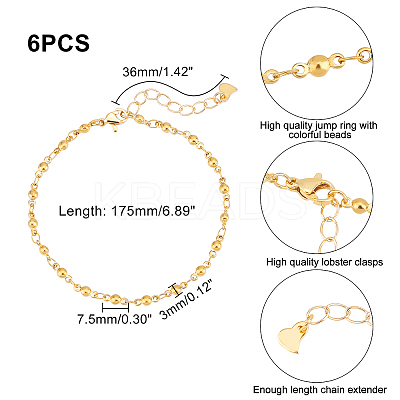 6Pcs 304 Stainless Steel Link Chains Bracelets STAS-UN0029-34-1