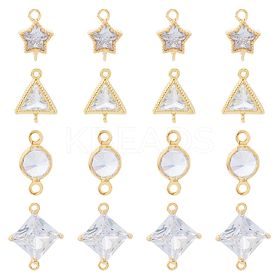 16Pcs 4 Styles Brass Pave Clear Cubic Zirconia Connector Charms KK-FH0007-30-1