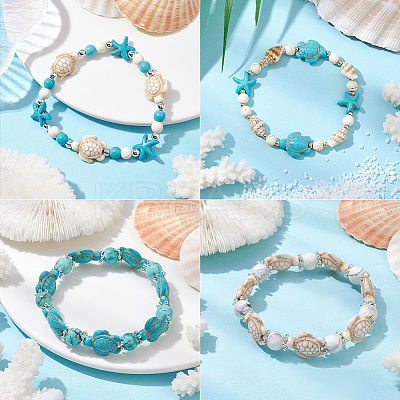 8Pcs Turtle & Starfish Synthetic Turquoise Beaded Stretch Bracelet BJEW-SC0001-46-1