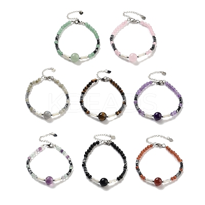 Natural Mixed Stone Round & Synthetic Non-magnetic Hematite & White Shell Beaded Bracelets for Women BJEW-K251-02-1