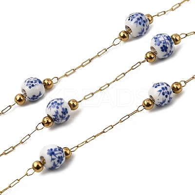 Handmade 304 Stainless Steel Porcelain Beaded Round with Flower Pattern Link Chains CHS-L032-15G-01-1
