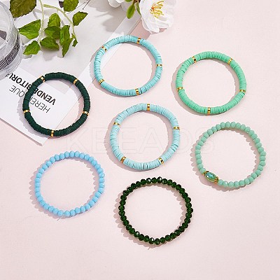7Pcs 7 Style Handmade Polymer Clay Heishi Surfer Stretch Bracelets Set BJEW-SW00073-07-1