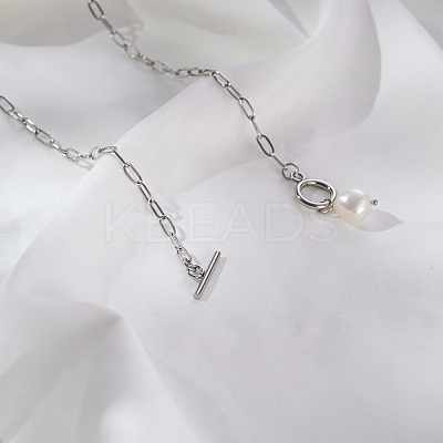 Minimalist Imitation Pearl Rice Pendant Stainless Steel PaPerclip Chain Necklaces for Everyday Women's Wear OX8079-1-1