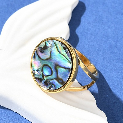 Flat Round 304 Stainless Steel Paua Shell Cuff Rings for Women RJEW-G346-02G-01-1