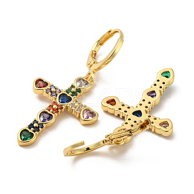 Cross Real 18K Gold Plated Brass Dangle Leverback Earrings EJEW-A033-01G-03-1