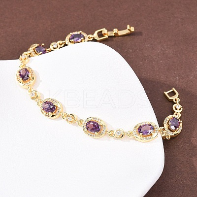 Oval Brass Micro Pave Cubic Zirconia Link Chain Bracelets for Women BJEW-D387-04G-1