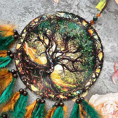 Tree of Life Resin & Acrylic & Woven Net/Web with Feather Hanging Ornaments HJEW-A013-02-1