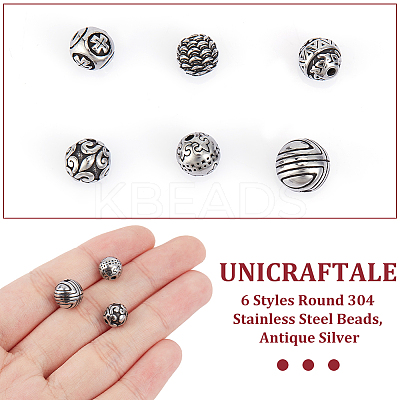 12Pcs 6 Styles Round 304 Stainless Steel Beads STAS-UN0059-95-1