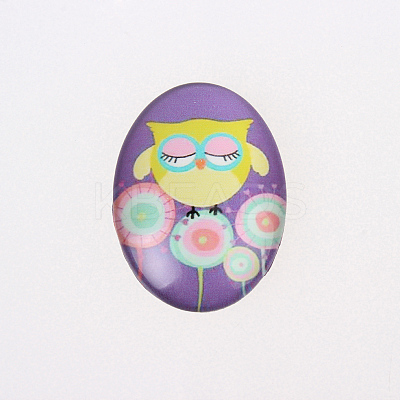Cartoon Owl Printed Glass Oval Cabochons X-GGLA-N003-20x30-B01-1