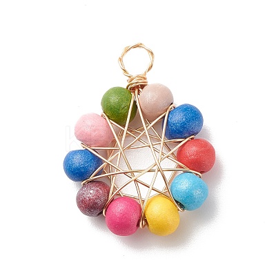 Natural Wood Round Beads Pendants PALLOY-JF01762-01-1