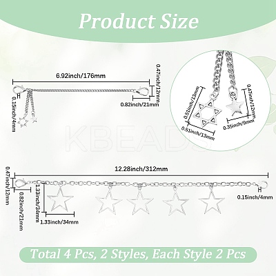 4Pcs 2 Styles Star Alloy Charms Boot Strap Chains AJEW-CP0006-44-1