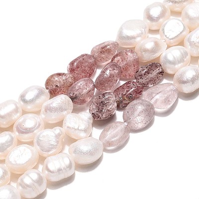 Natural Strawberry Quartz Nuggets & Natural Cultured Freshwater Pearl Beads Strands PEAR-N023-01A-13-1