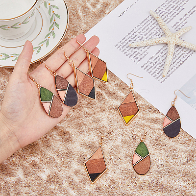 4 Pairs 4 Colors Natural Wood Teardrop & Rhombus Dangle Earrings EJEW-FI0001-46-1