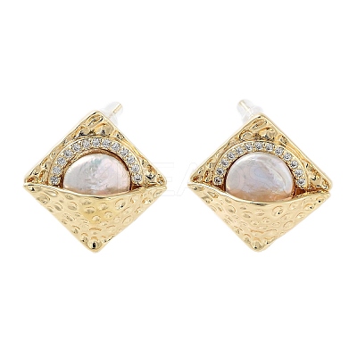Rhombus Natural Pearl Stud Earrings with Brass Micro Pave Cubic Zirconia and 925 Sterling Silver Pins EJEW-P256-86G-1