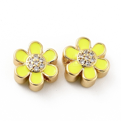 Flower Brass Micro Pave Clear Cubic Zirconia Beads KK-G419-06G-03-1
