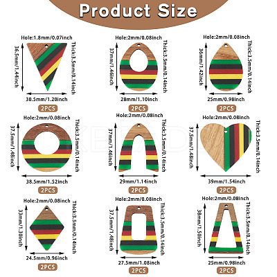 18Pcs 9 Styles Jamaican Colour Epoxy Resin & Walnut Wood Pendants RESI-TA0003-87-1