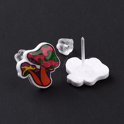 Acrylic Cartoon Mushroom Stud Earrings with Platic Pins for Women EJEW-F293-03B-1