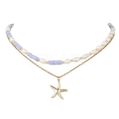 Synthetic Blue Lace Agate Heishi Beads and Rice Natural Pearl Beaded Double Layer 304 Stainless Steel Starfish Pendant Necklaces NJEW-JN05847-01-1