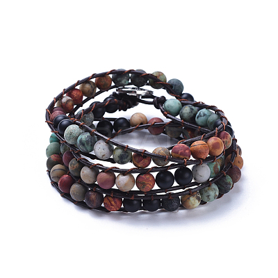 Three Loops Frosted Natural Gemstone Beads Wrap Bracelets BJEW-JB04246-1