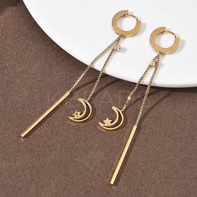 304 Stainless Steel Crystal Rhinestone Moon with Star Tassel Hoop Earrings EJEW-G453-03G-1