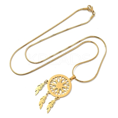 Bohemian 201 Stainless Steel Snowflake Woven Web/Net with Feather Pendant Necklaces NJEW-P327-07G-A-1