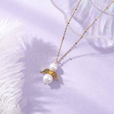 Shell Pearl with Alloy Wings Angel Pendant 304 Stainless Steel Satellite Chain Necklaces NJEW-JN05427-1