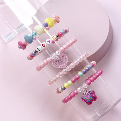 6Pcs Plastic Round Beaded Stretch Bracelet & Charm Bracelet Set for Kid FS-WG9931D-01-1