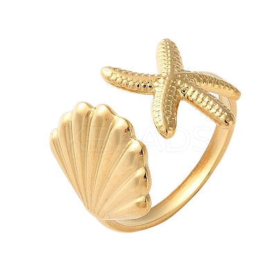 304 Stainless Steel Starfish & Shell Open Cuff Rings for Women RJEW-C095-09G-1