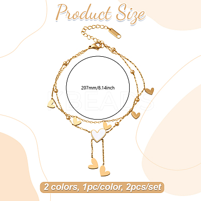 2Pcs 2 Colors Heart Stainless Steel & Shell Anklets AJEW-GO0002-56-1