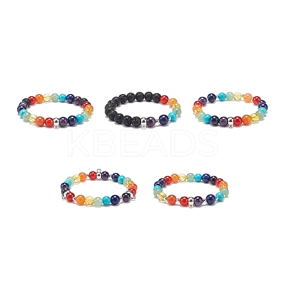 5Pcs 5 Style Natural & Synthetic Mixed Gemstone Round Beaded Stretch Bracelets Set with Alloy Tube Bails BJEW-JB08920-1
