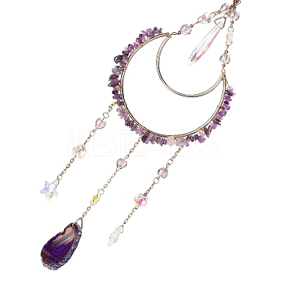 Moon Iron & Natural Amethyst Chip Pendant Decorations AJEW-Q143-09-1