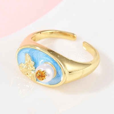 Brass Sky Blue Enamel Flower Cuff Rings RJEW-C139-17B-G-1