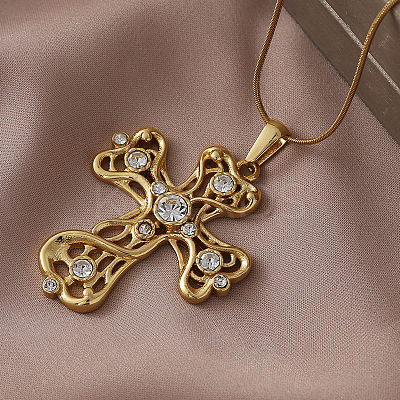 Vintage 304 Stainless Steel with Clear Glass Hollow Cross Pendant Necklaces for Women LS-MR8108-1
