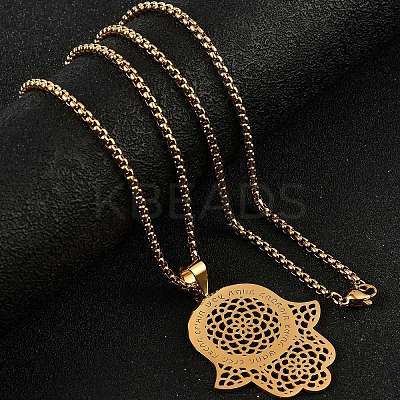 201 Stainless Steel Hollow Religion Hamsa Hand Pendant Necklaces LS-NJEW-M086-01G-1