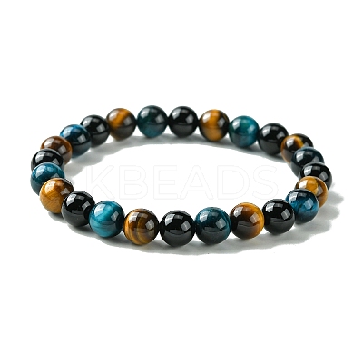 Dyed Natural Tiger Eye & Black Onyx Round Beaded Stretch Bracelets for Women BJEW-TA00438-1