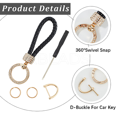 2Pcs 2 Colors PU Leather and Alloy Rhinestone Braided Keychain KEYC-CL0001-16-1