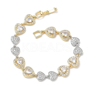Heart Micro Pave Clear Cubic Zirconia Link Chain Bracelets for Women BJEW-C156-08B-GP-1