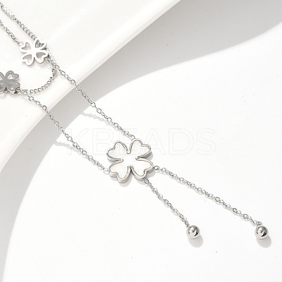 304 Stainless Steel Shell Pearl Clover Pendant Double Layered Necklaces for Women NJEW-U036-01P-1