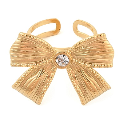 304 Stainless Steel Rhinestone Bowknot Open Cuff Rings for Women RJEW-Z051-04G-1