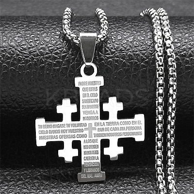 Jerusalem Cross 304 Stainless Steel Pendant Box Chain Necklaces NJEW-NH0003-01P-1